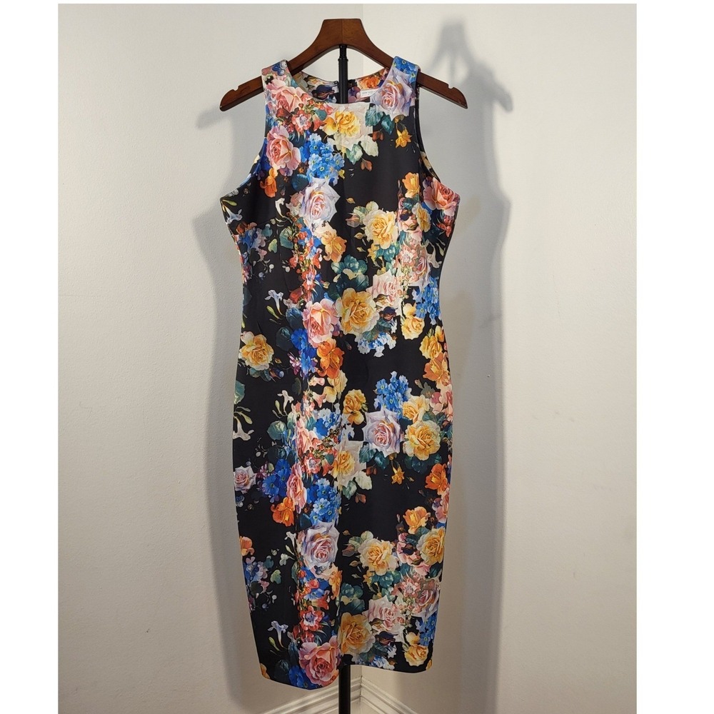 New York & Company Floral Sheath Dress Womens L Black Pink Yellow Stretch Knee